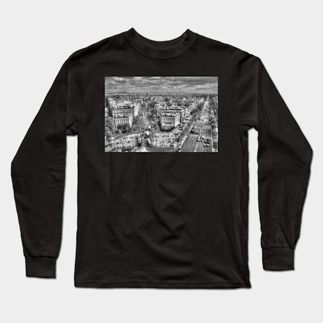 Champs-Élysées from the Arc De Triomphe in Black & White Long Sleeve T-Shirt by Michaelm43